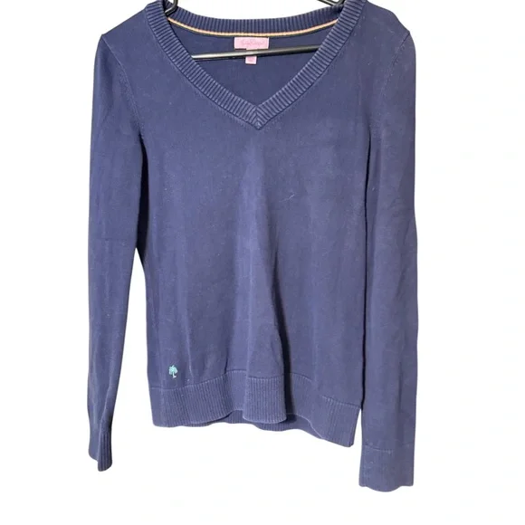 Lilly Pulitzer Navy Blue V Neck Sweater Palm Tree Logo Lightweight Knit - Picture 2 of 3
